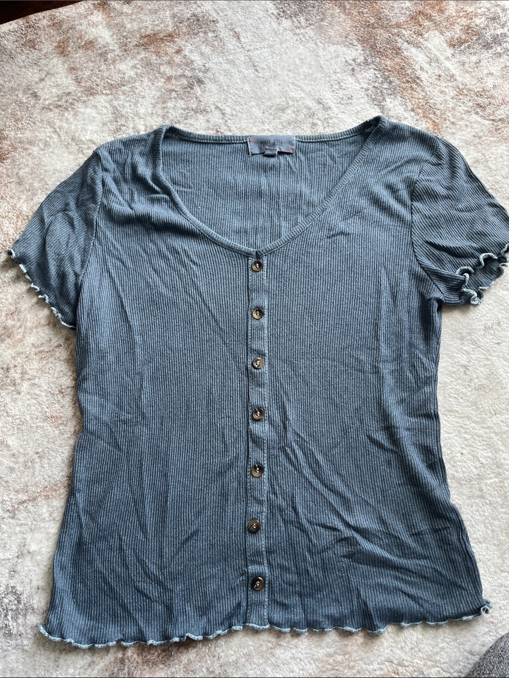 Pink Rose Slate Blue Ribbed Button-Front V-Neck Top
